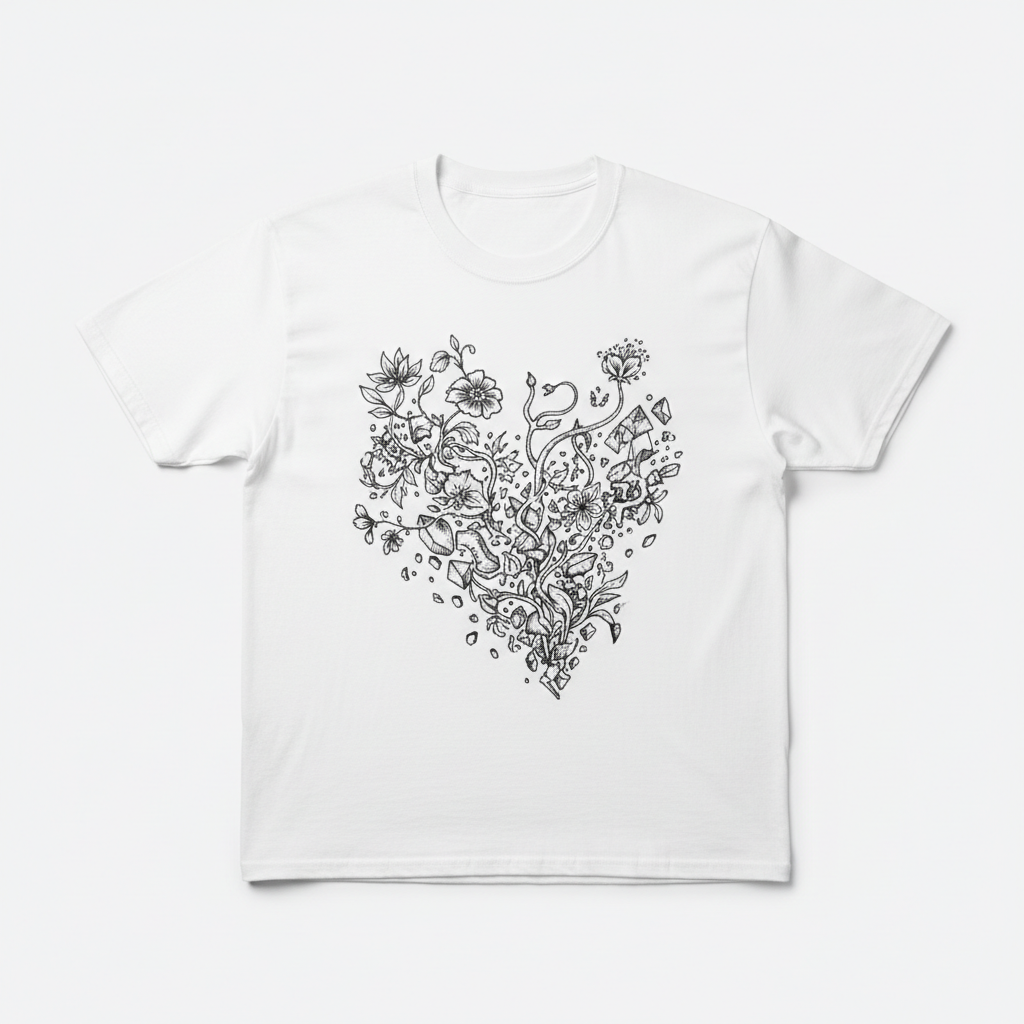 White heavyweight tee with intricate botanical collapse illustration in black ink