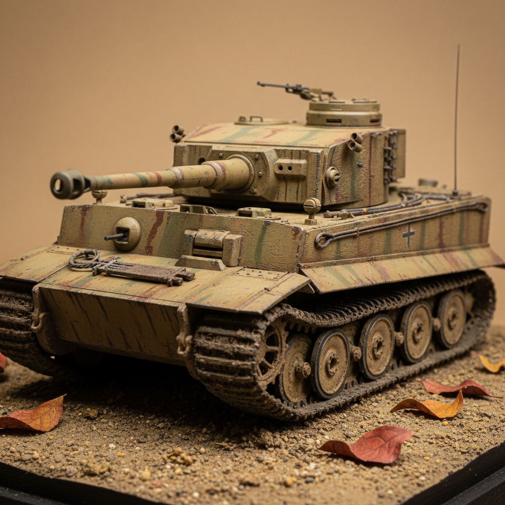 Weathered Tiger tank model with autumn leaves and earth pigment weathering