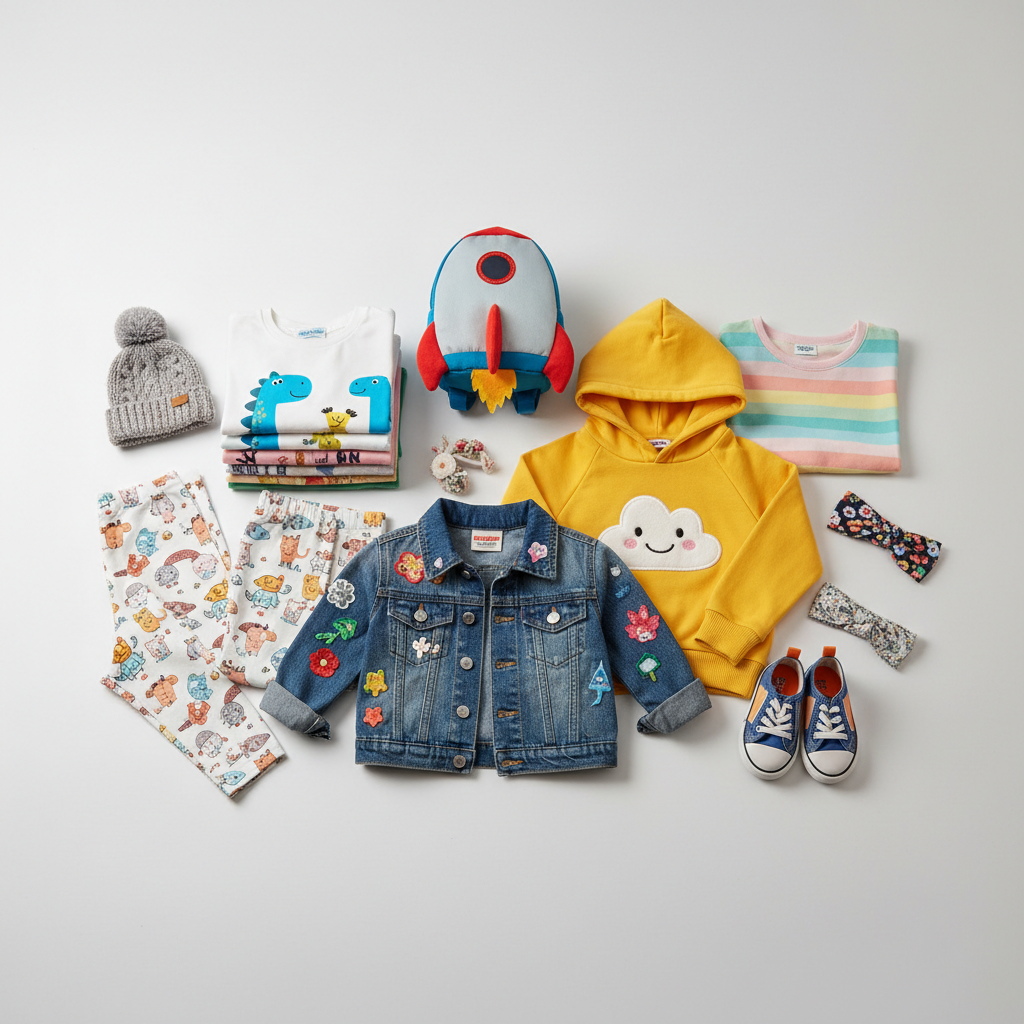 Colourful children's clothing flat lay on cream background, bright airy studio, soft shadows