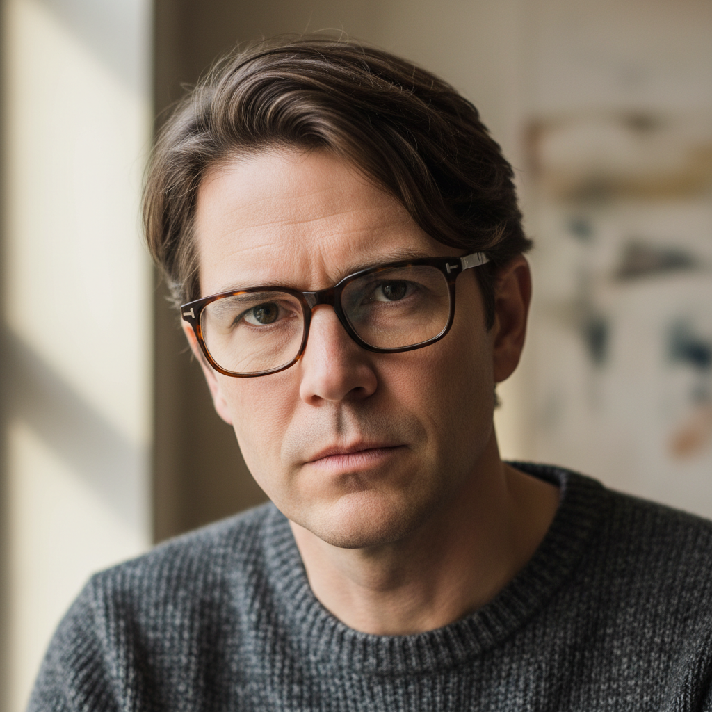 Viktor Petrov, hombre adulto con gafas y expresión seria