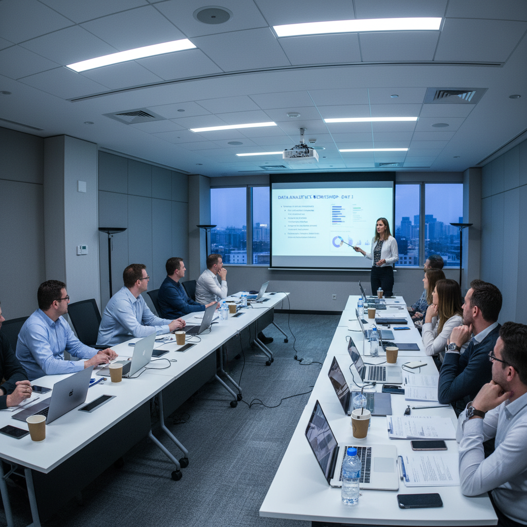 Professional trainer presenting to a group in a bright conference room, business attire, confident posture