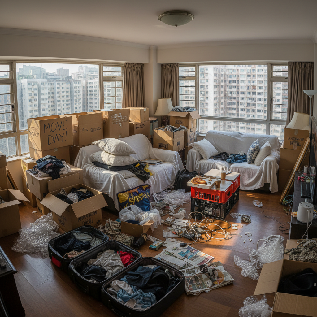 Cluttered Mid-Levels living room with boxes, furniture stacked against walls, and loose items scattered across the floor before a move
