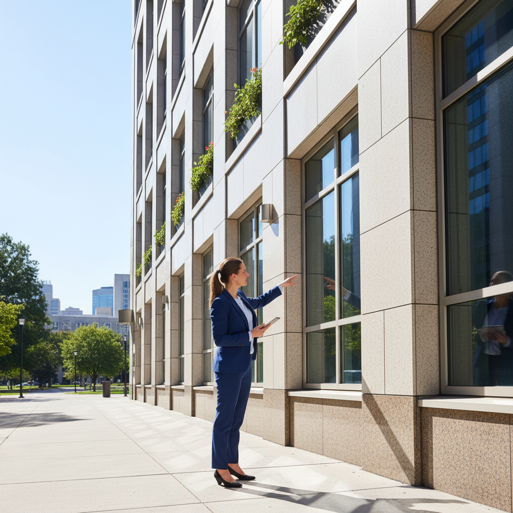 Property maintenance professional performing exterior upkeep on a commercial building in Massachusetts