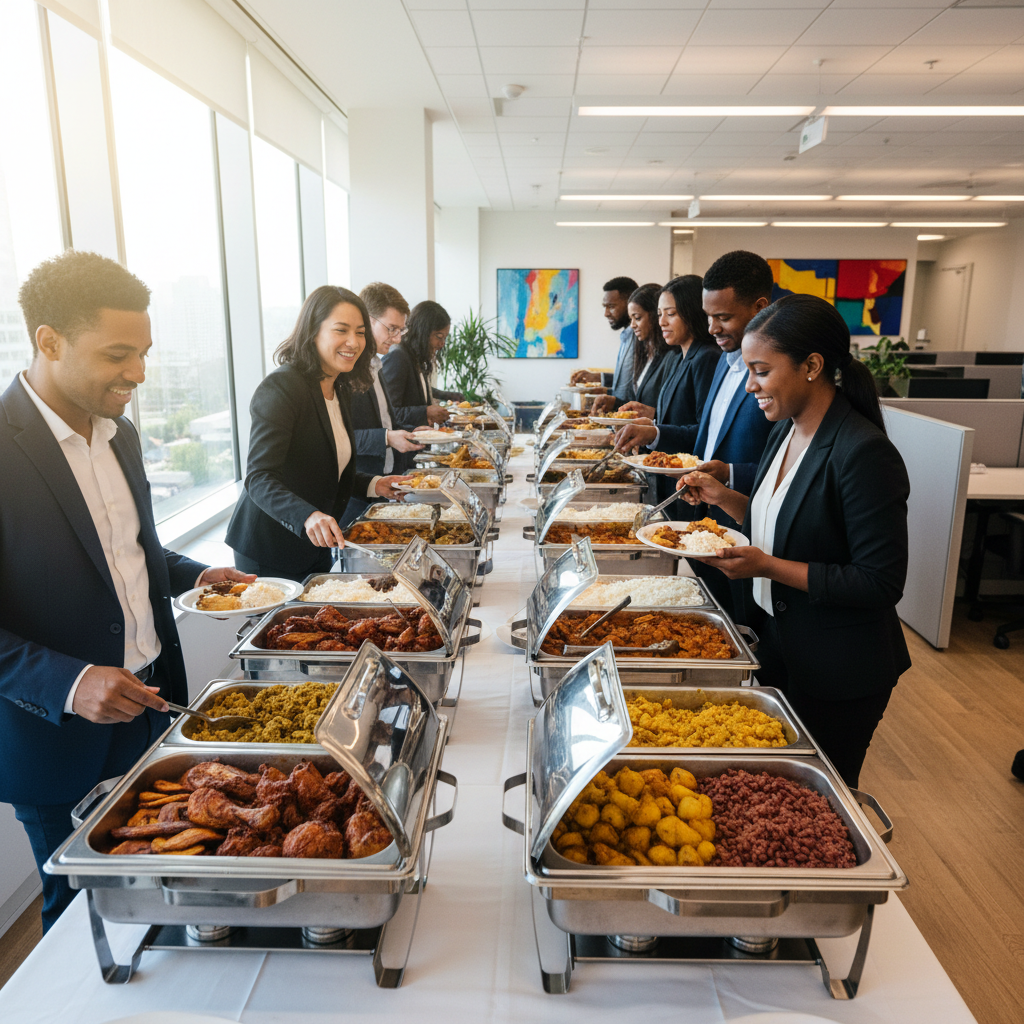 Corporate office lunch setup with Trinidadian food in chafing dishes, colleagues serving themselves