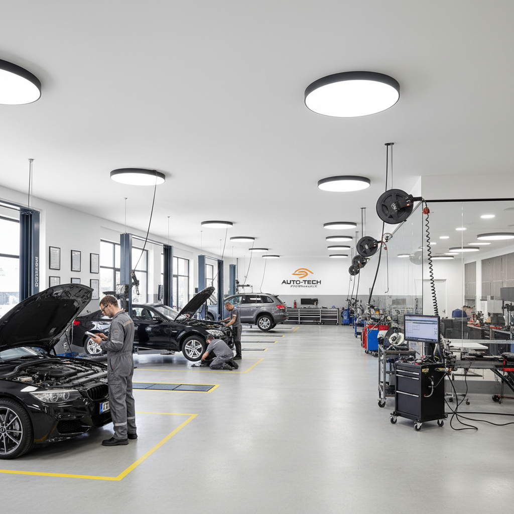 Modern automotive repair workshop with professional mechanics working on vehicles