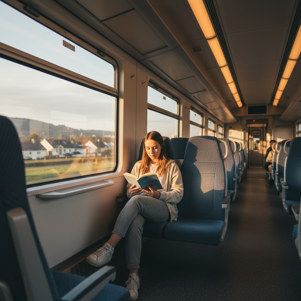 Calm train interior with commuter reading, soft morning light, seats mostly empty