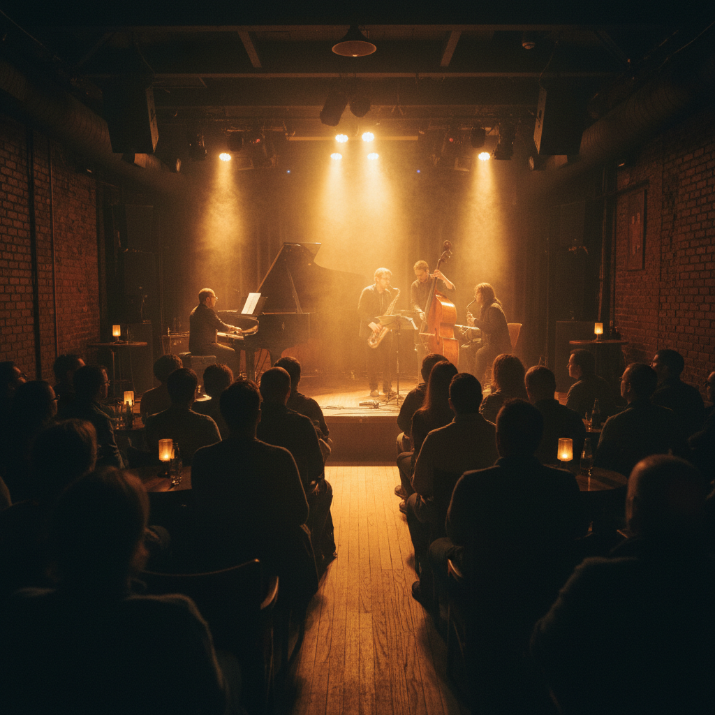 Setlist jazz club stage seen from the back row, audience heads silhouetted against a warm spotlight, smoke caught in the beam above the musicians