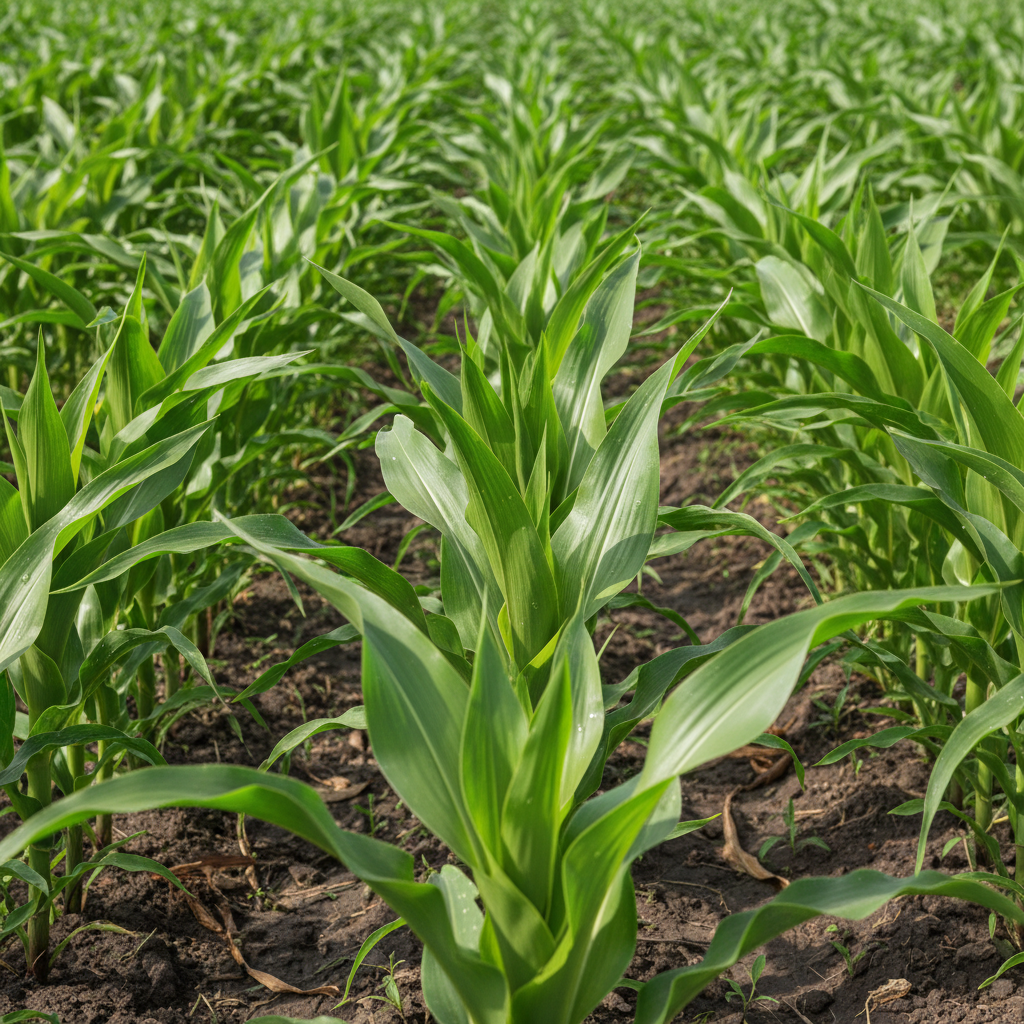 Campo agrícola limpio sin malezas con plantas de maíz creciendo saludables