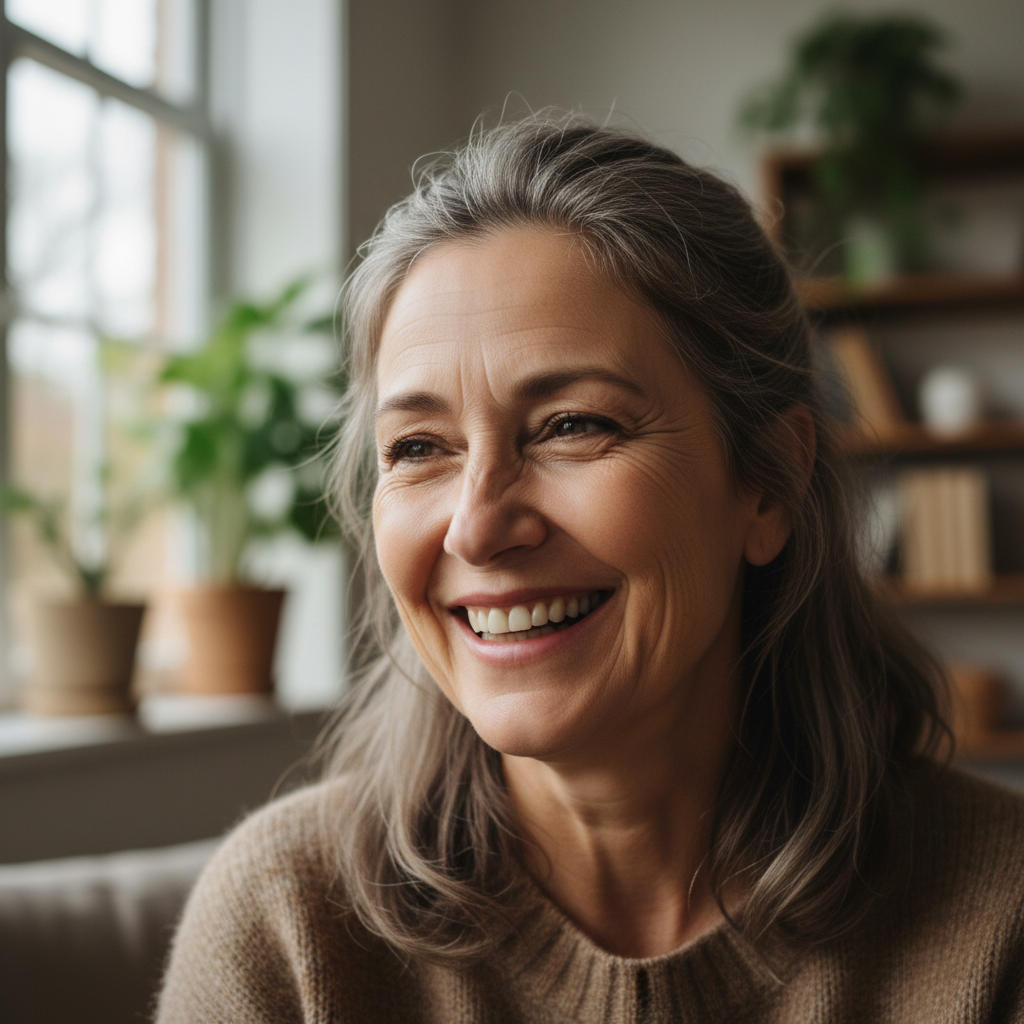 Woman with laugh lines, candid moment