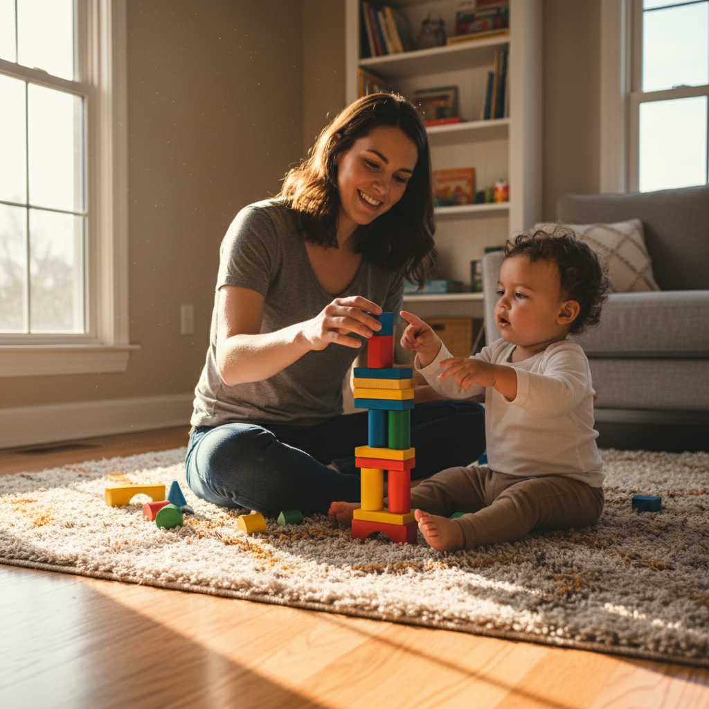 Sitter building a block tower with a toddler on a rug, late afternoon light
