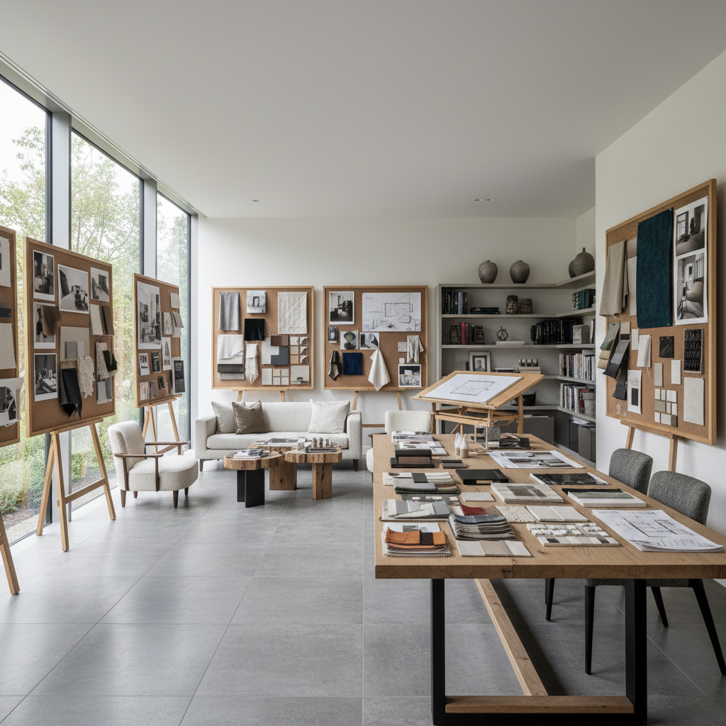 Archibo design studio workspace with architectural drawings and material samples on a surface with focused task lighting