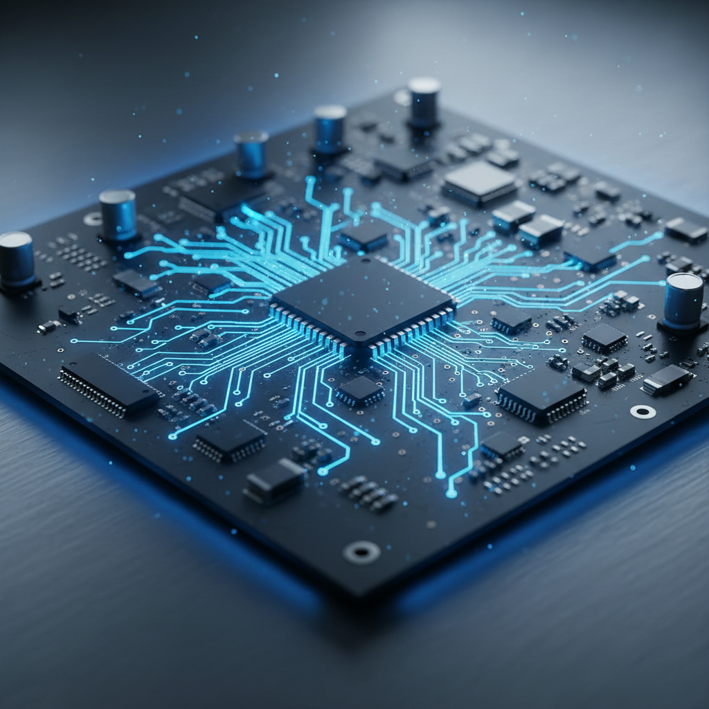 Electric field lines visualization with blue glow on circuit board