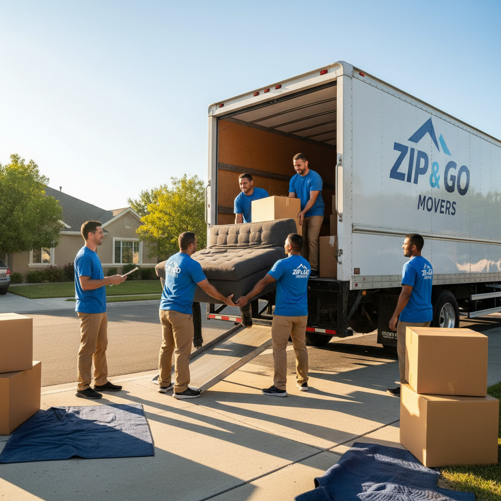 Moving truck parked outside a California home on a clear sunny day with movers loading boxes