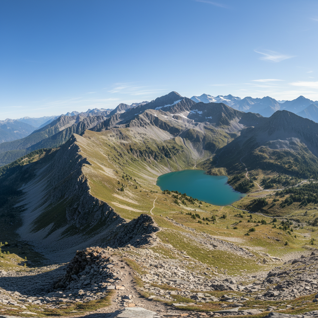 Swiss Alps panorama on clear summer day with hikers on ridge and turquoise lake below