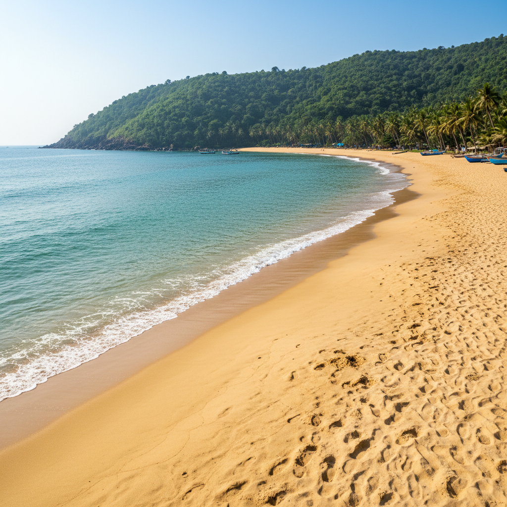 Kudle Beach Gokarna — pristine crescent beach with calm waters, golden sand, lush green hillside backdrop