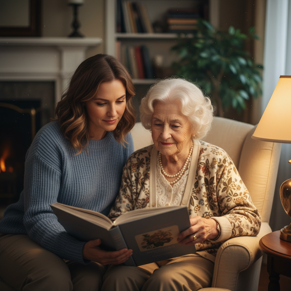 Caregiver sitting with elderly woman reading together, warm indoor lighting