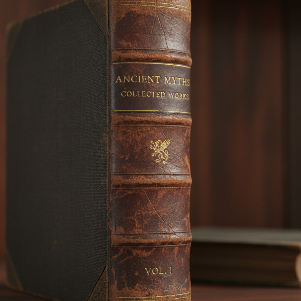 Aged leather-bound book spine with gold gilt lettering on dark charcoal bookcloth