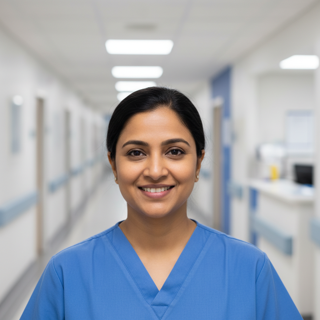 Experienced Indian woman caregiver in scrubs, warm and trustworthy expression, bright clean room