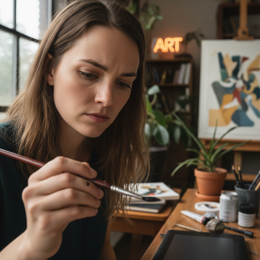 Priya Menon, Austin illustrator, photographed holding ink brush