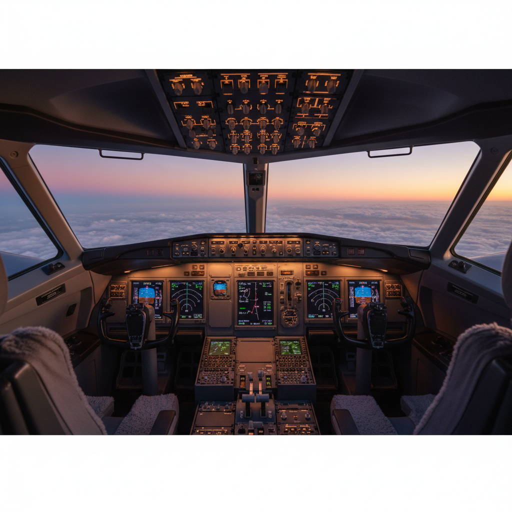 Wide body aircraft cockpit with panoramic view at dawn
