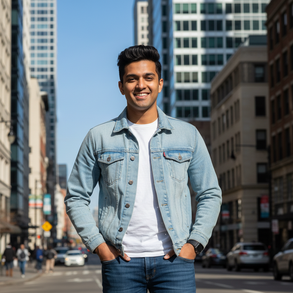 Young Indian creative professional with casual style and confident expression