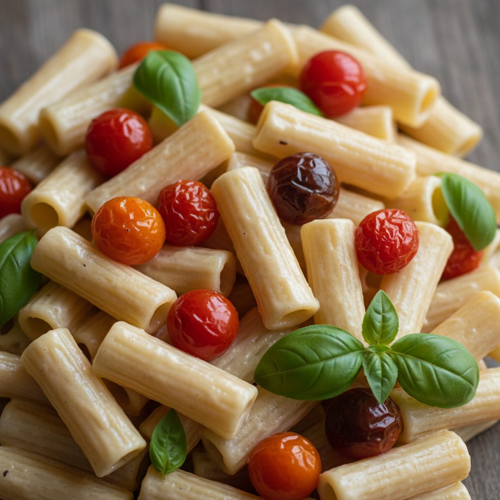 Cashew cream rigatoni with roasted cherry tomatoes and fresh basil, overhead macro shot