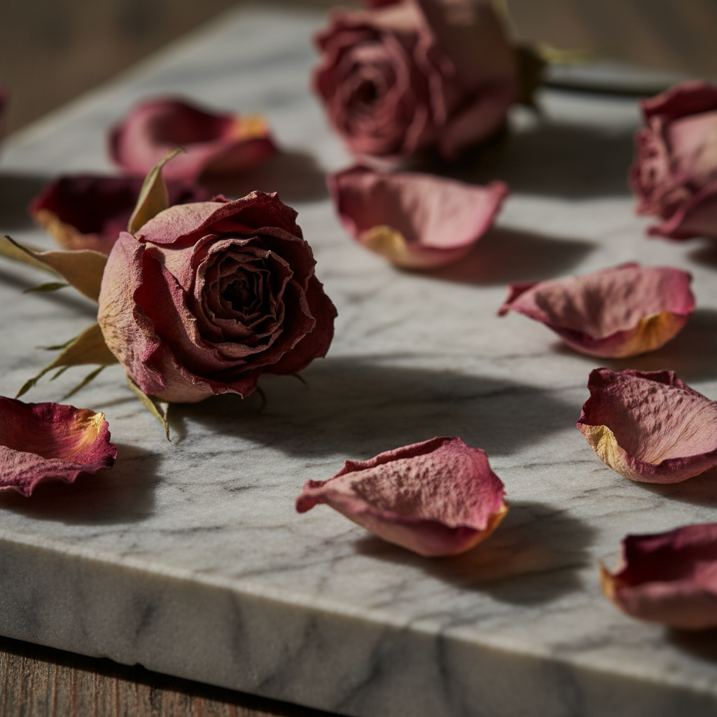 Dried roses and scattered petals on marble with deep shadows and gold-tipped stems