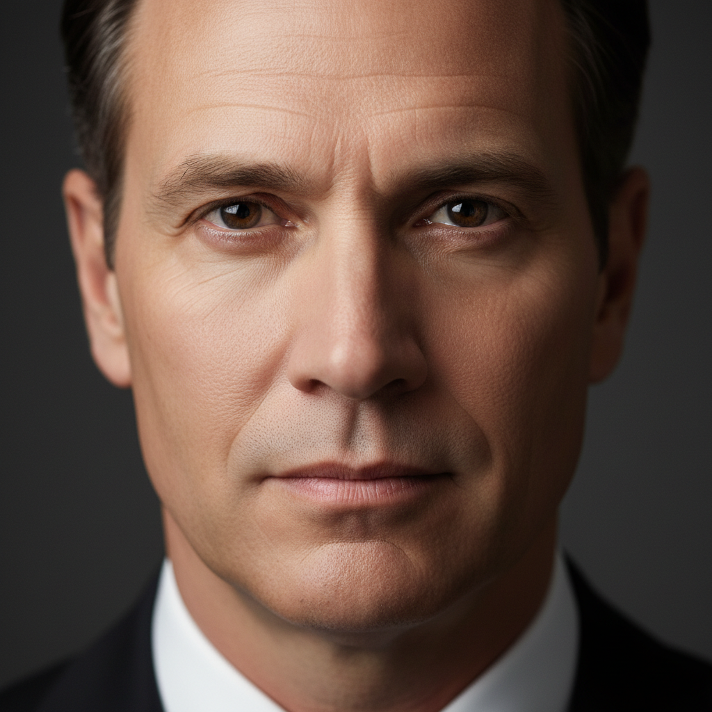Executive man, formal portrait, strong jaw, dark background