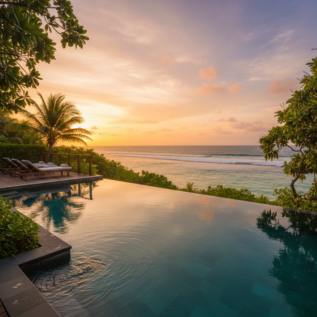 Luxury beachfront villa with infinity pool overlooking turquoise ocean at golden hour
