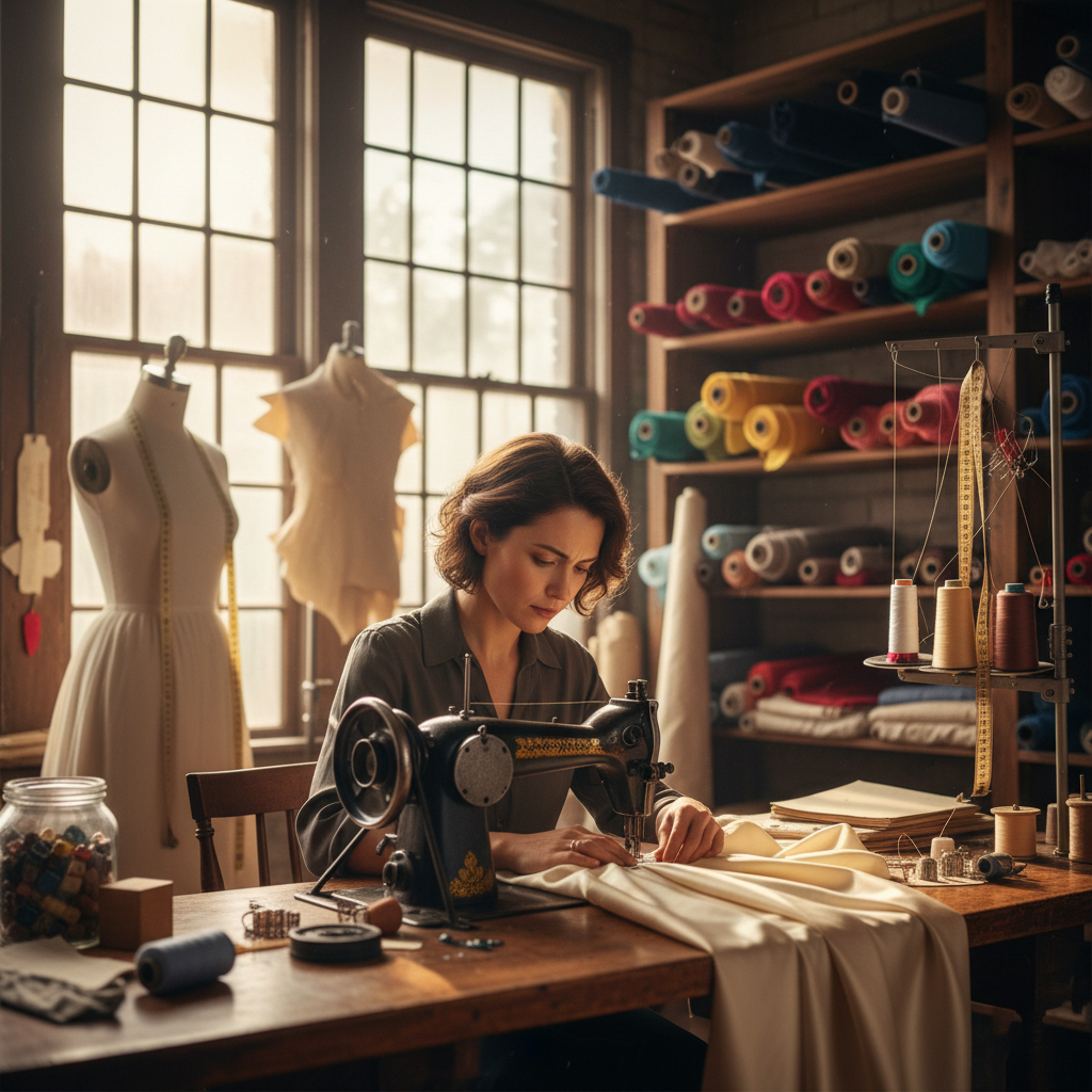 Kleermaker naait stof op naaimachine in warm verlicht atelier — ambachtelijke sfeer