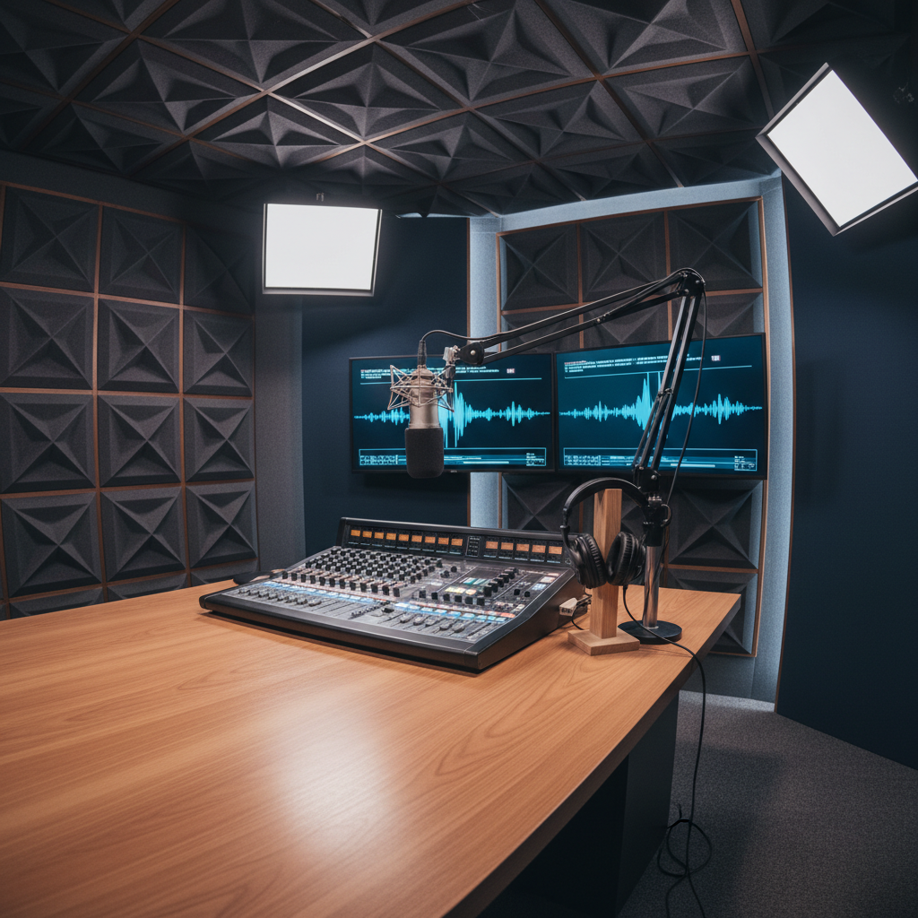 Professional recording studio control room with dark walls, acoustic panels, professional mixing desk, dim atmospheric studio lighting