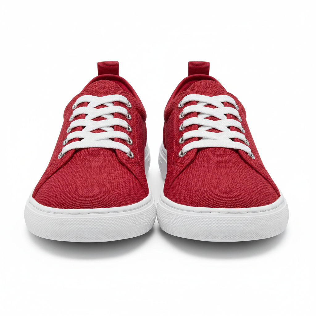 Bold red and white sneakers on clean white surface, bright product photography
