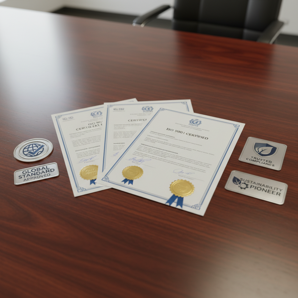 Professional certification document with gold seal and ribbon on wooden desk