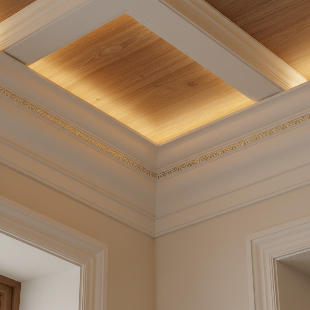 Detailed crown molding hand-mitered at ceiling corner in warm lighting