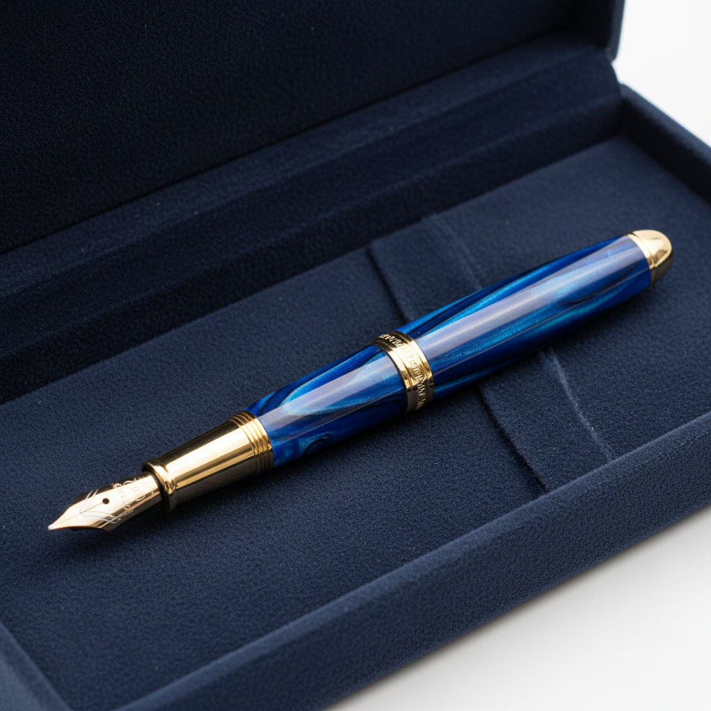 Black luxury fountain pen with gold nib on dark leather surface, premium writing instrument