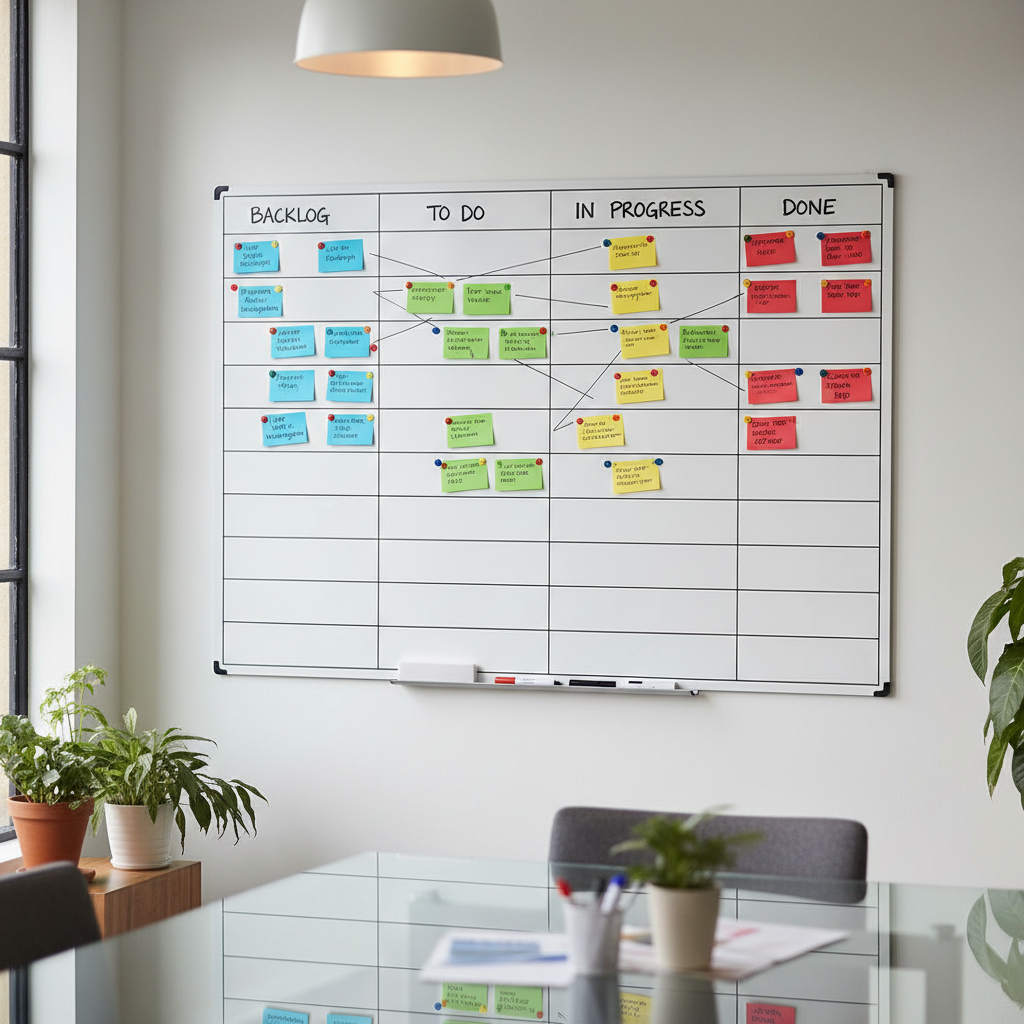 Agile sprint board with sticky notes and team collaboration