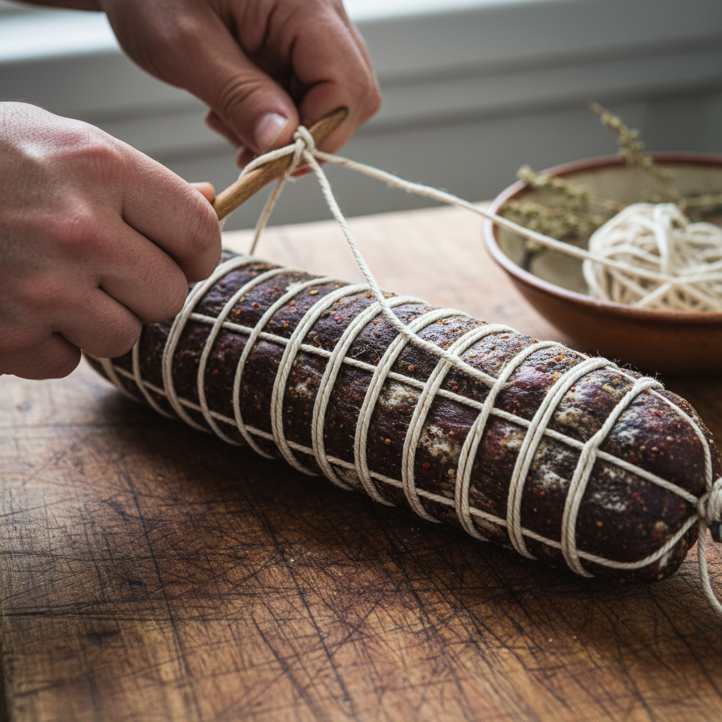 Close-up of hands tying butcher twine around a cured meat log on wooden block