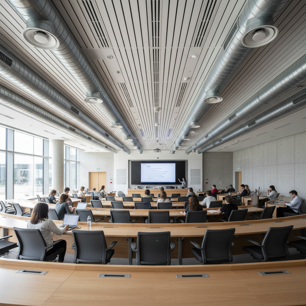 Students learning in modern university lecture hall with laptops and notebooks