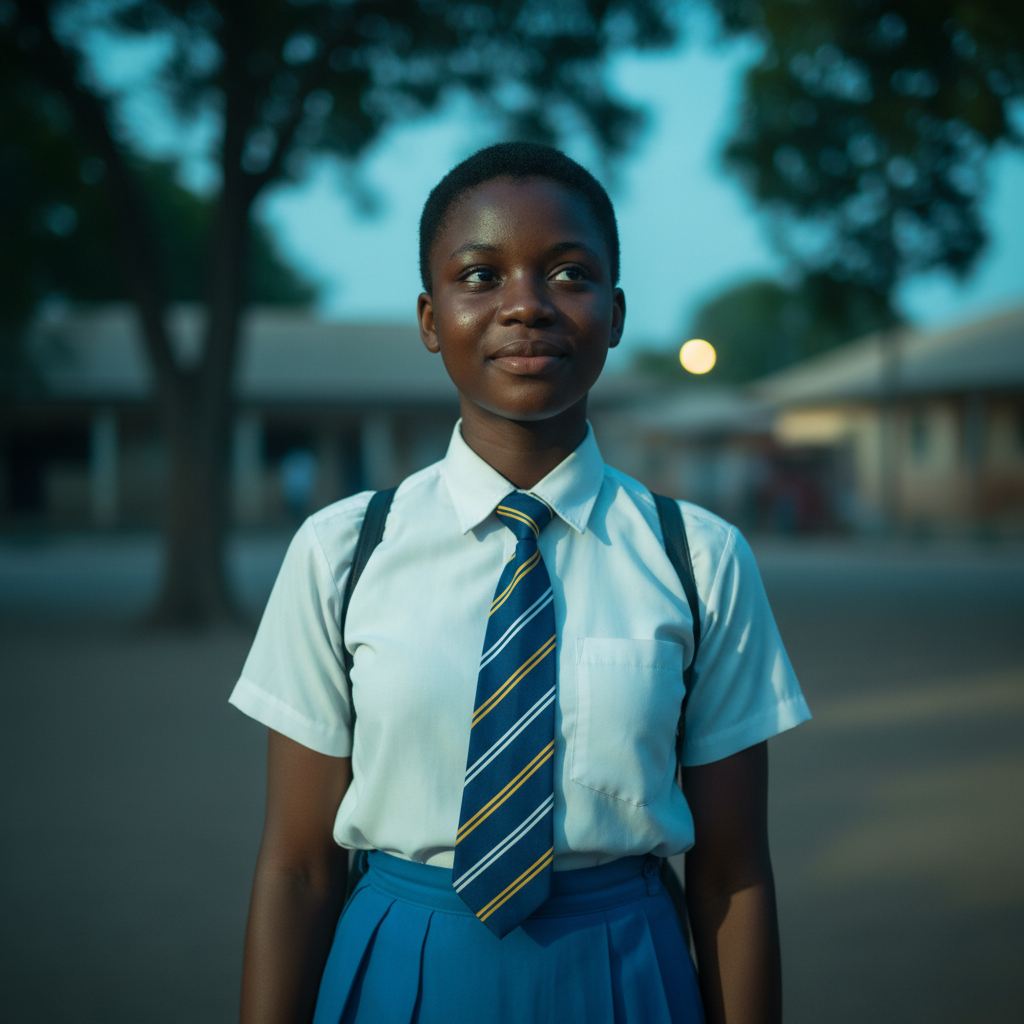 Young Nigerian girl Amara smiling confidently in school uniform, JJHF scholarship recipient