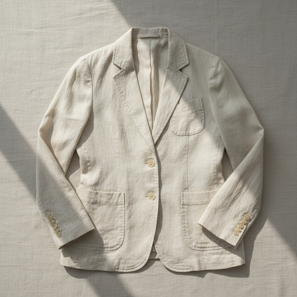 Cream linen oversized blazer laid flat on white surface