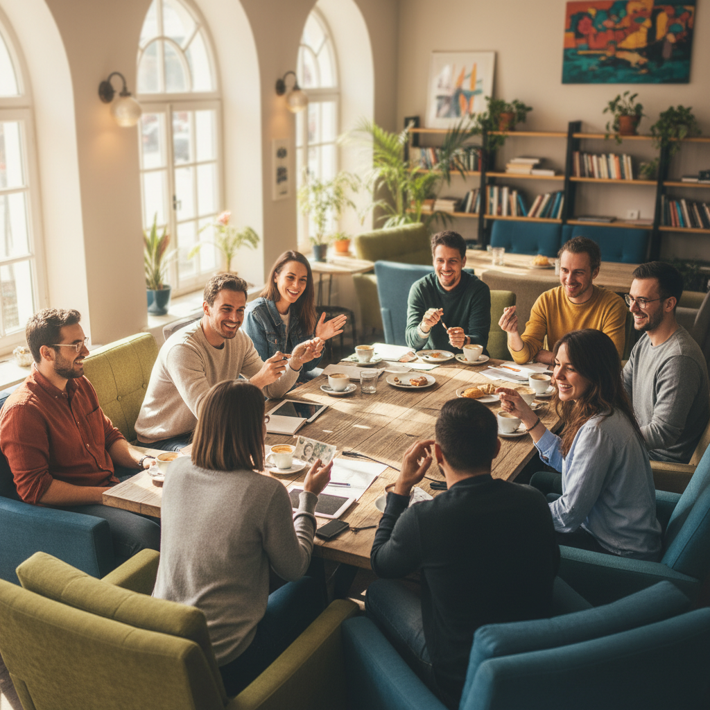 Group of friends laughing and talking at a table, relaxed social environment, bright casual setting