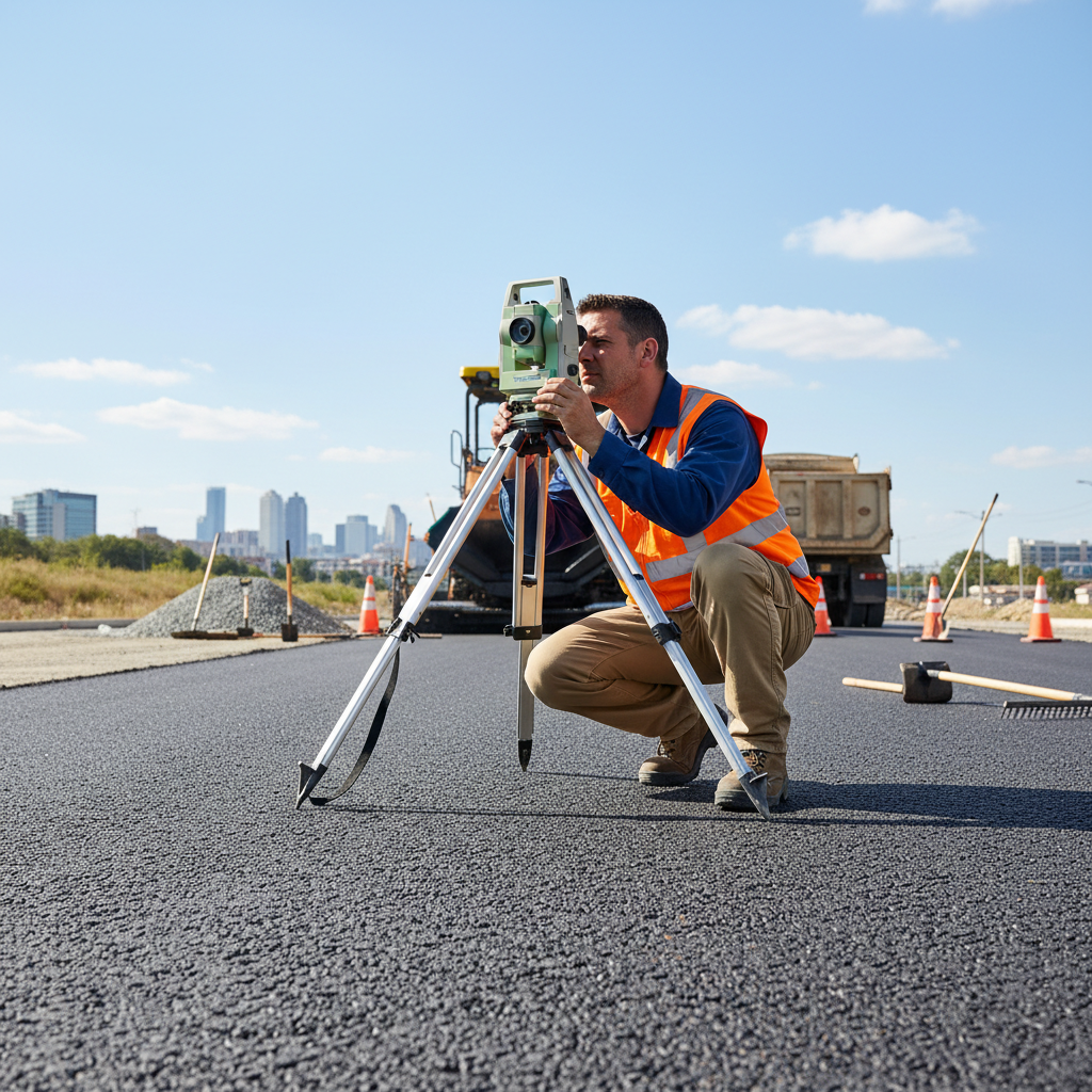 Topógrafo Rodrigo Fuentes usando nivel de tránsito en obra de pavimentación en Ciudad de México