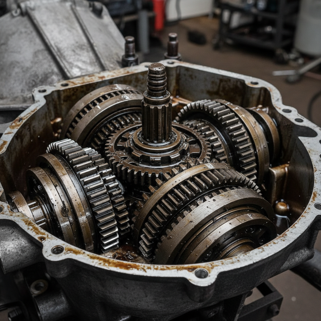 Transmission and driveline components, dark automotive workshop, deep shadows