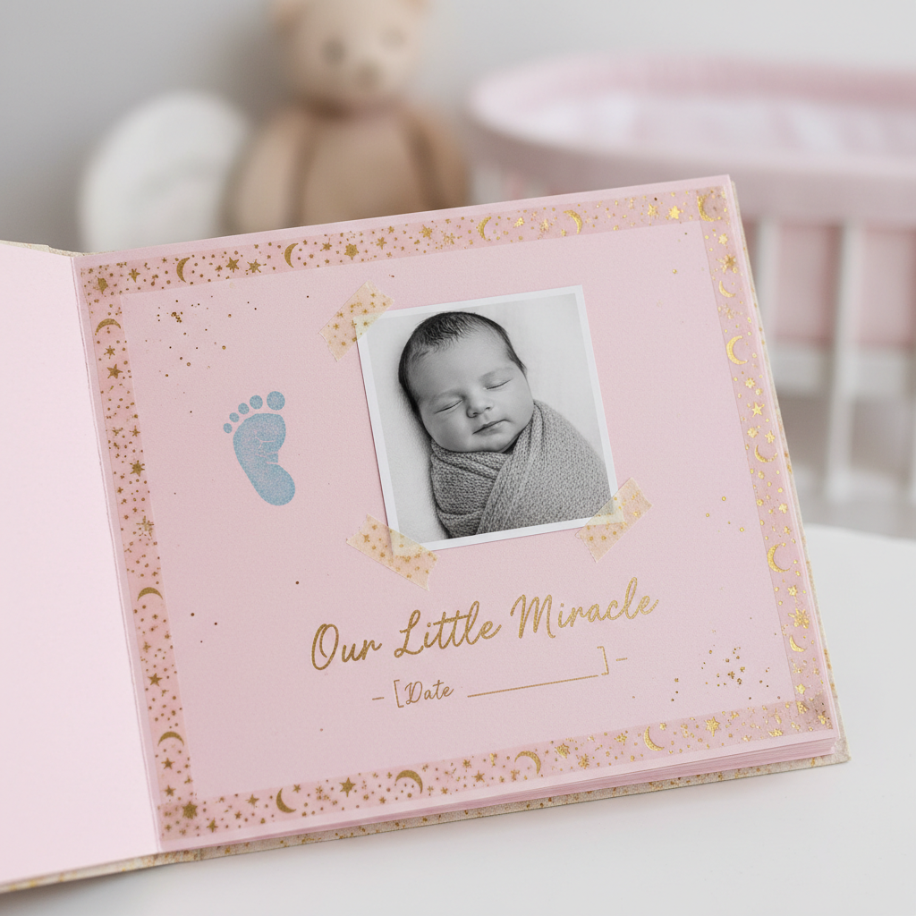 Baby album page with tiny footprint stamp, first photo, and gold washi tape border on soft pink cardstock