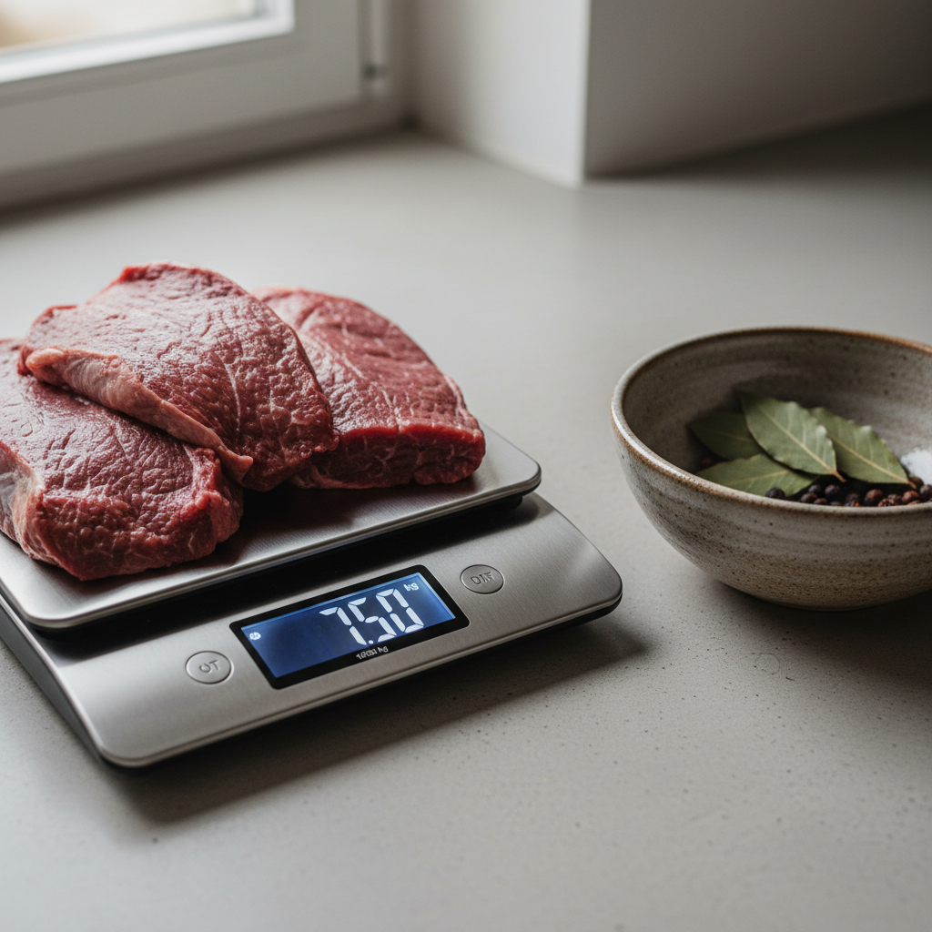 Raw venison cuts weighed precisely on a kitchen scale beside a stoneware bowl