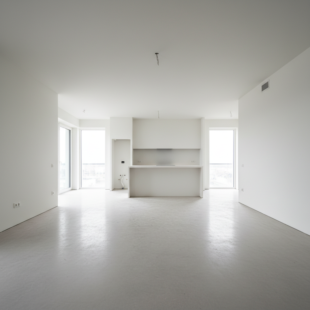 Empty open-plan dining and kitchen space with no furniture or decor before staging