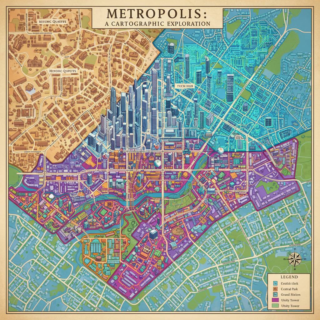 Aerial city map view showing neighborhoods and districts