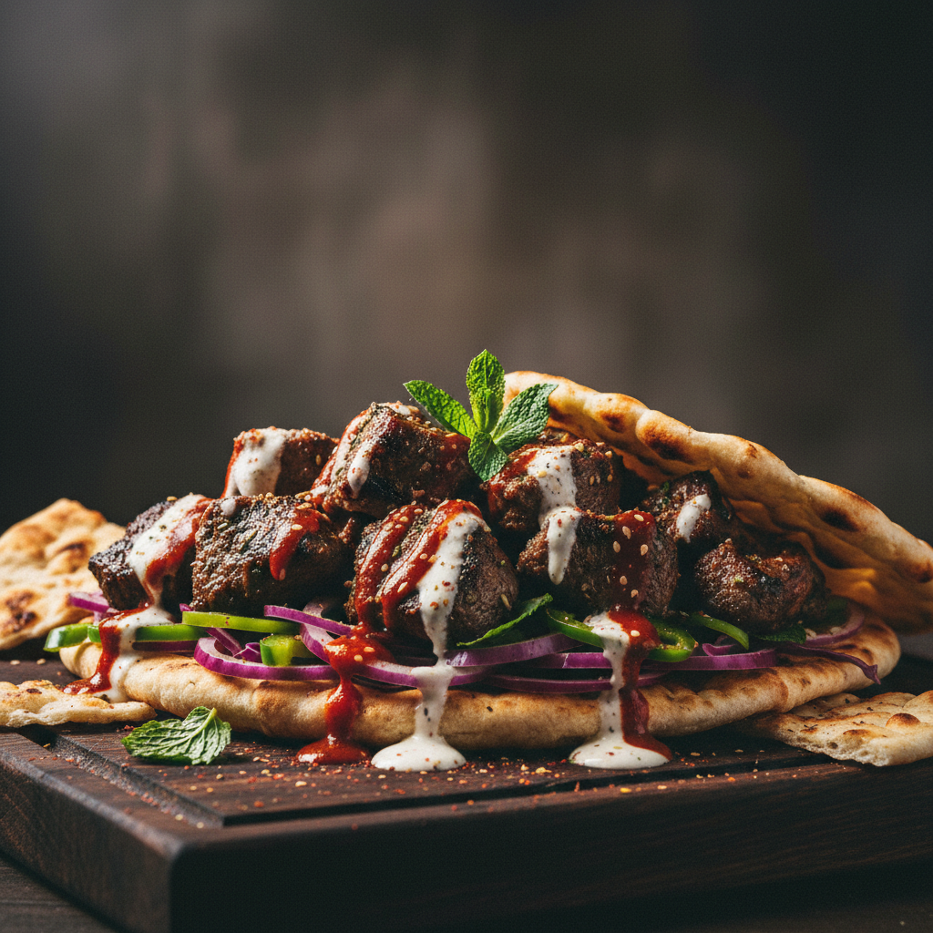 Kebab de pui în lipie albă cu salată iceberg, ardei galbeni și sos de iaurt cu mentă verde