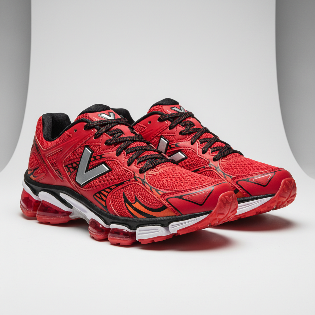 Pantofi sport roșii și albi pe fundal alb