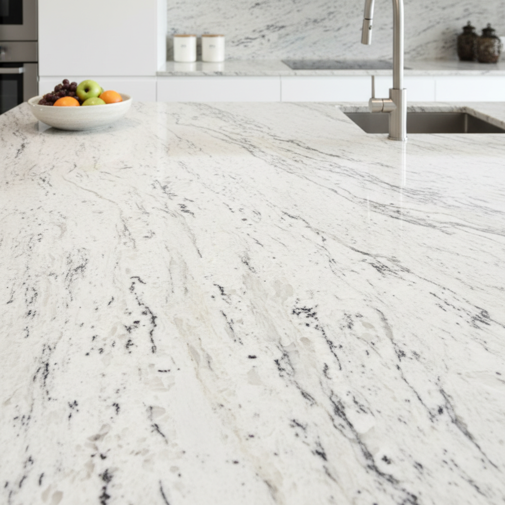 Kashmir white granite countertop installed in modern kitchen showing cream and gray veining